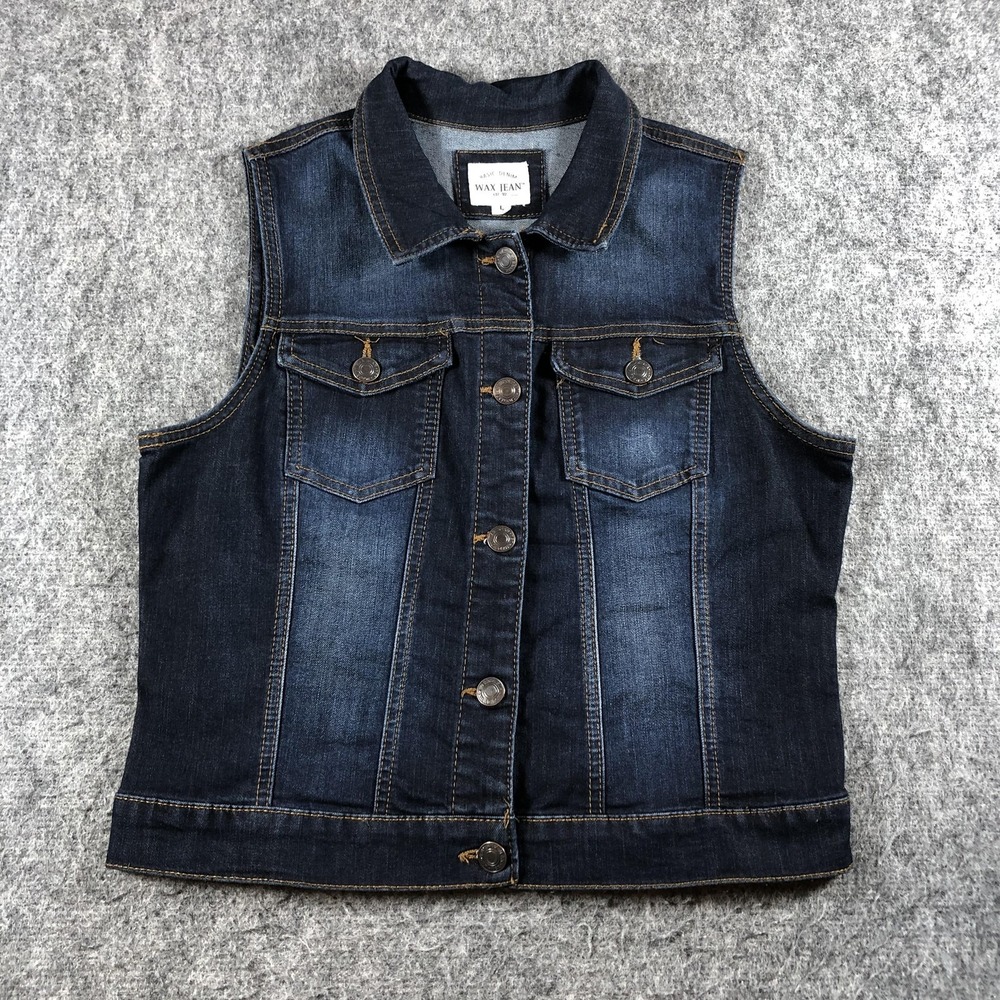 Wax Jean Womens Large Blue Stretch Denim Trucker Vest Button Front